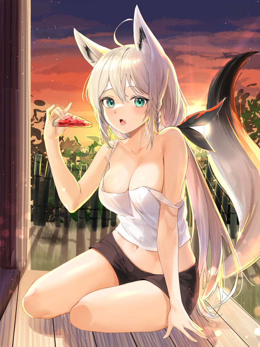 1girl absurdres ahoge animal_ear_fluff animal_ears aqua_eyes bare_arms bare_shoulders black_shorts braid breasts camisole cleavage crop_top fang food fox_ears fox_girl fox_tail gradient_sky hair_ribbon hand_up highres holding holding_food hololive lillly long_hair looking_at_viewer low_ponytail medium_breasts midriff open_mouth popsicle ribbon shirakami_fubuki shirt short_shorts shorts sitting sky sleeveless sleeveless_shirt solo spaghetti_strap stomach strap_slip sunset tail tail_raised thighs veranda very_long_hair virtual_youtuber watermelon_bar white_hair white_shirt yokozuwari