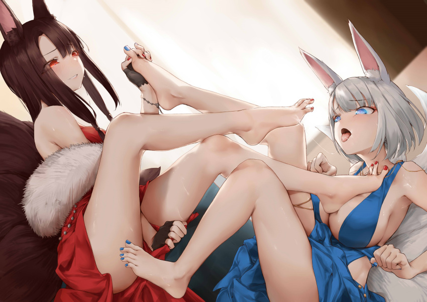 2girls akagi_(azur_lane) akagi_(blushing_intoxication)_(azur_lane) animal_ear_fluff animal_ears azur_lane bangs bare_legs barefoot black_gloves black_hair blue_dress blue_eyes blue_nails breasts chinese_commentary commentary_request dress eyebrows_visible_through_hair eyes_visible_through_hair feet fingerless_gloves foot_on_breast fox_ears fox_tail gloves highres holding_another's_foot kaga_(azur_lane) kaga_(white-tailed_magnificence)_(azur_lane) kitsune large_breasts legs long_hair looking_at_another lying multiple_girls multiple_tails nail_polish on_back open_mouth oshin0_(zheng) red_dress red_eyes red_nails saliva saliva_trail silver_hair sitting sleeveless sleeveless_dress tail toenail_polish toes tongue tongue_out wristband yuri