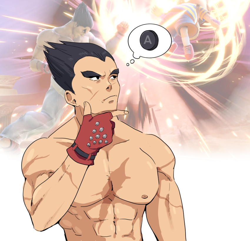 2boys 3d baseball_cap black_hair blue_eyes breasts brown_hair cleavage francisco_mon gloves hat highres male_focus mishima_kazuya mother_(game) mother_2 multiple_boys muscular ness_(mother_2) pants red_eyes scar shirt shirtless short_hair simple_background striped striped_shirt super_smash_bros. tekken thick_eyebrows