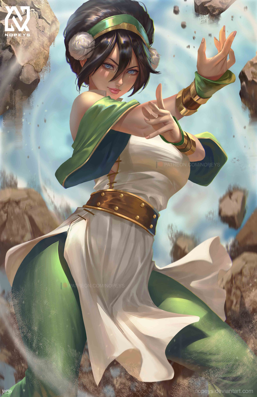 1girl absurdres avatar:_the_last_airbender avatar_(series) black_hair blue_eyes breasts chinese_clothes geokinesis hair_between_eyes highres lips looking_at_viewer medium_breasts motion_blur nopeys short_hair smile solo toph_bei_fong watermark wrist_cuffs