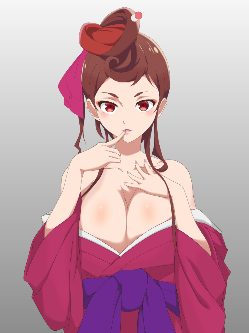 1girl absurdres bare_shoulders breasts brown_hair cleavage eyeshadow finger_to_mouth hair_ornament hair_stick hand_up highres japanese_clothes kimono kobune_hoto large_breasts makeup red_eyes solo upper_body wide_sleeves yuugiri_(zombie_land_saga) zombie_land_saga
