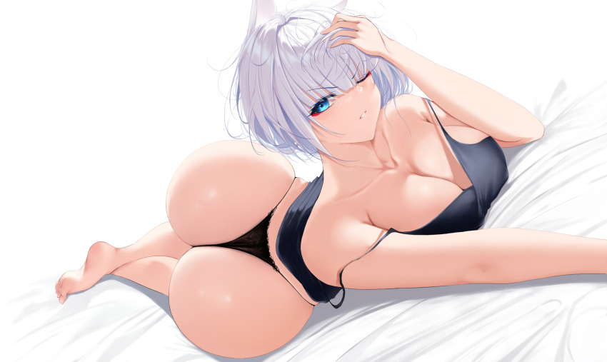 1girl animal_ears ass azur_lane bare_shoulders barefoot blue_eyes breasts cleavage collarbone eyebrows_visible_through_hair fox_ears hand_in_hair highres kaga_(azur_lane) large_breasts looking_at_viewer lying on_bed on_stomach one_eye_closed panties short_hair solo underwear white_hair xi_ying