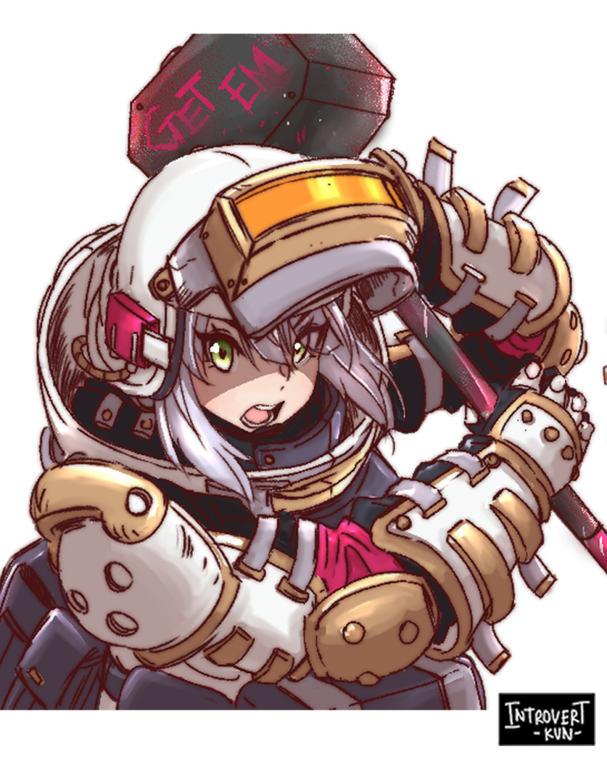 1girl :o armor artist_name bangs english_text eyebrows_visible_through_hair eyes_visible_through_hair gauntlets genshin_impact hammer helmet highres holding holding_hammer introvert-kun looking_at_viewer short_hair sidelocks silver_eyes simple_background solo v-shaped_eyebrows white_background white_hair