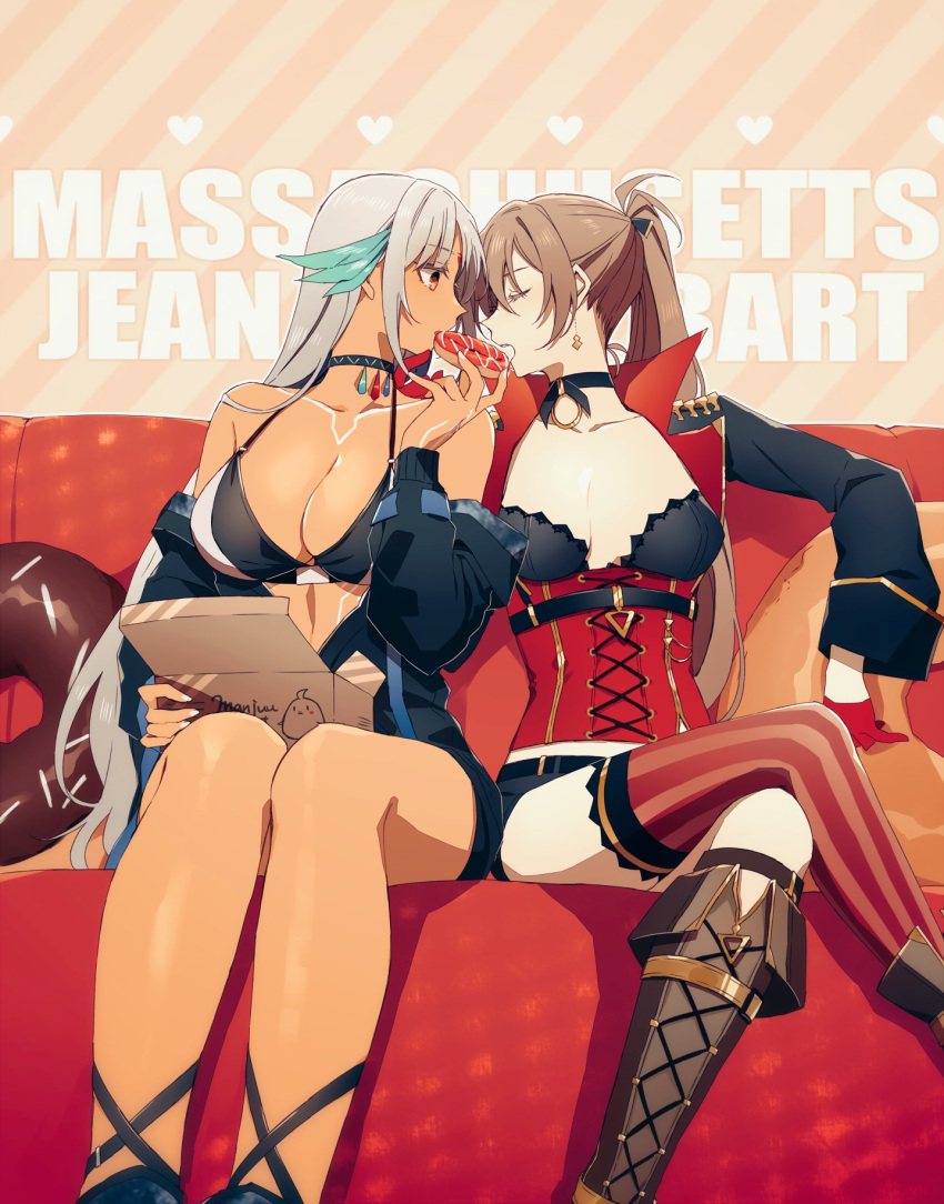 2girls amazuki_jou azur_lane bangs bare_shoulders black_jacket body_markings breasts brown_hair choker cleavage dark-skinned_female dark_skin doughnut earrings facial_mark food forehead_mark hair_between_eyes highres jacket jean_bart_(azur_lane) jewelry long_hair massachusetts_(azur_lane) multiple_girls native_american off_shoulder open_clothes open_jacket ponytail red_eyes shared_food short_shorts shorts silver_hair swimsuit very_long_hair white_hair