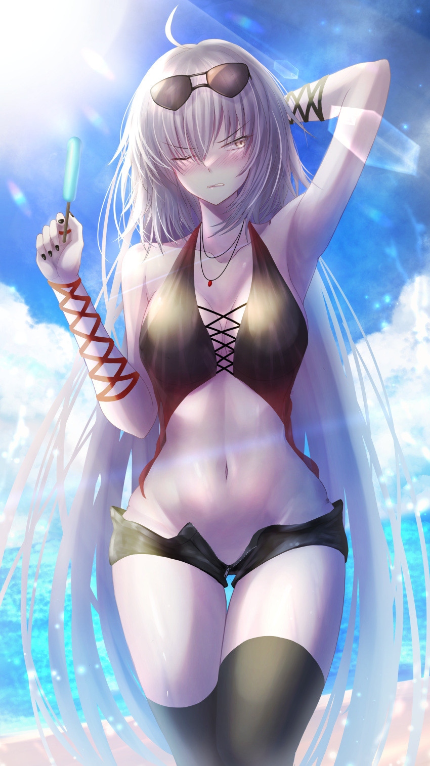 1girl absurdres bangs bare_shoulders beach black_legwear black_shorts blue_sky blush breasts cleavage collarbone eyewear_on_head fate/grand_order fate_(series) food highres huge_filesize jeanne_d'arc_(alter)_(fate) jeanne_d'arc_(fate)_(all) large_breasts long_hair looking_to_the_side navel one_eye_closed open_fly penguintake popsicle short_shorts shorts silver_hair sky sunglasses thighhighs thighs yellow_eyes