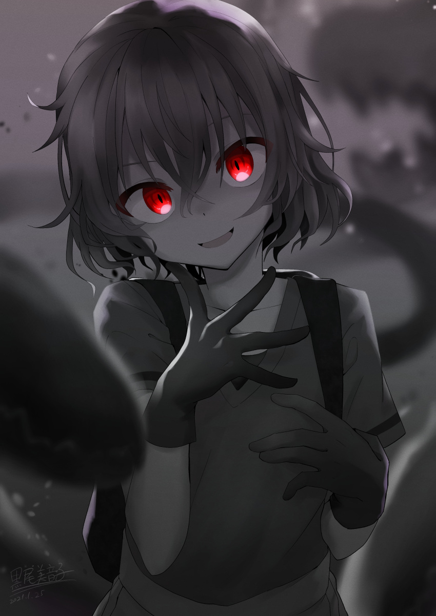 1girl absurdres alternate_color alternate_eye_color backpack bag bangs blurry blurry_background commentary_request gloves hair_between_eyes hands_up highres kaban_(kemono_friends) kemono_friends mitorizu_02 monochrome open_mouth red_eyes shirt short_hair smile solo spot_color