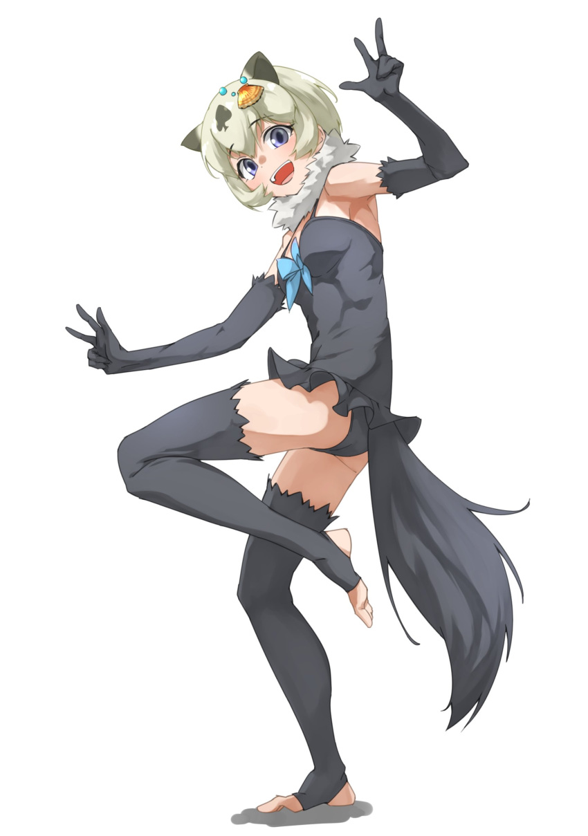 1girl absurdres animal_ears black_gloves black_hair black_legwear black_swimsuit blue_eyes blue_neckwear blush bow bowtie californian_sea_otter_(kemono_friends) commentary_request elbow_gloves extra_ears eyebrows_visible_through_hair full_body fur_collar gloves hair_ornament highres kemono_friends looking_at_viewer multicolored_hair no_shoes one-piece_swimsuit open_mouth otter_ears otter_girl otter_tail shell_hair_ornament short_hair smile solo spade_hair_ornament spaghetti_strap standing standing_on_one_leg swimsuit tail tanabe_(fueisei) thighhighs toeless_legwear two-tone_hair white_fur white_hair zettai_ryouiki