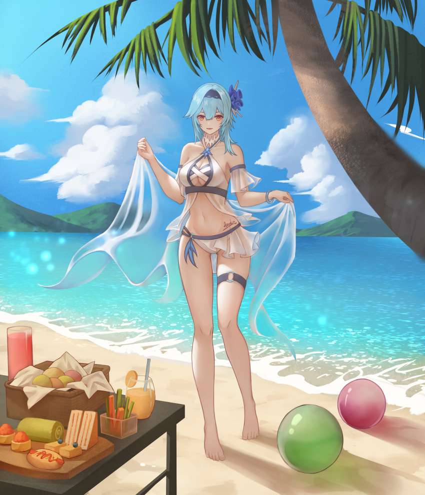 1girl :d absurdres aqua_hair ball bangs bare_shoulders barefoot beach beachball bikini blue_sky breasts cake cake_slice cleavage cloud cloudy_sky coconut_tree collarbone commentary_request damon_ct eula_(genshin_impact) food full_body genshin_impact hair_between_eyes highres holding horizon huge_filesize island long_hair looking_at_viewer midriff navel ocean open_mouth orange_juice palm_tree sandwiched sidelocks signature silver_eyes sky smile solo swimsuit thighs toes tree white_bikini