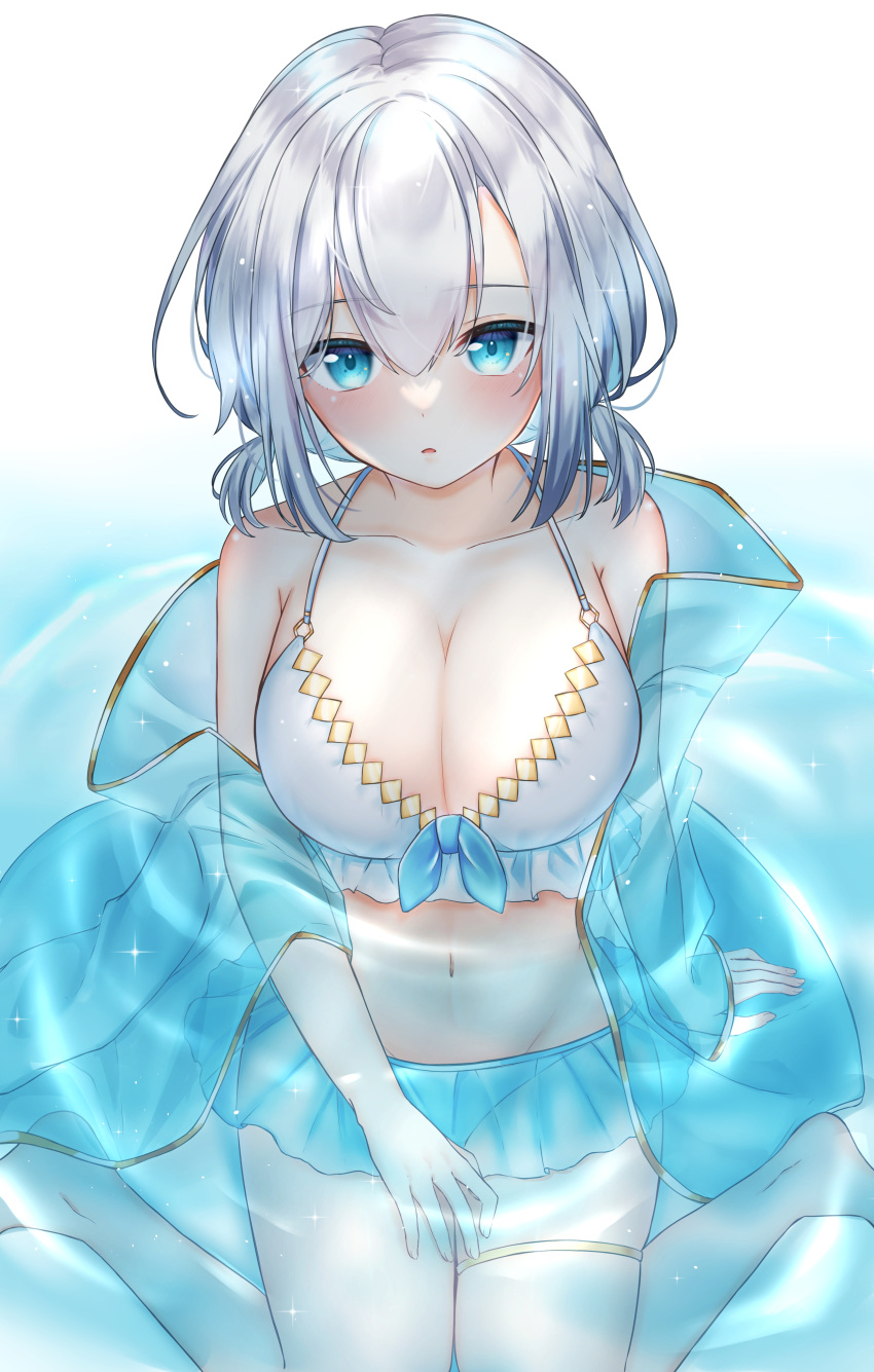 1girl absurdres arm_support ars_almal bare_legs bare_shoulders barefoot bikini bikini_skirt blue_bow blue_eyes blue_jacket blush bow bow_swimsuit breasts caustics cleavage collarbone diamond_(symbol) eyebrows_visible_through_hair frilled_bikini frills gold_trim hair_between_eyes hand_on_own_thigh highres jacket knees_out_of_frame large_breasts looking_at_viewer medium_hair miniskirt navel nei_(aduma1120ponpon) nijisanji parted_lips partially_submerged see-through see-through_jacket see-through_skirt silver_hair sitting skirt solo sparkle swimsuit thigh_strap tied_hair virtual_youtuber wariza water white_background