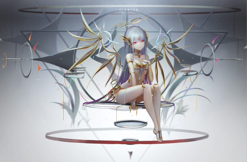 1girl armlet bangs barefoot breasts bridal_gauntlets detached_collar eyebrows_visible_through_hair halo highres long_hair looking_at_viewer original pale_skin red_eyes revealing_clothes sitting small_breasts solo wangchuan_de_quanyan white_hair wings