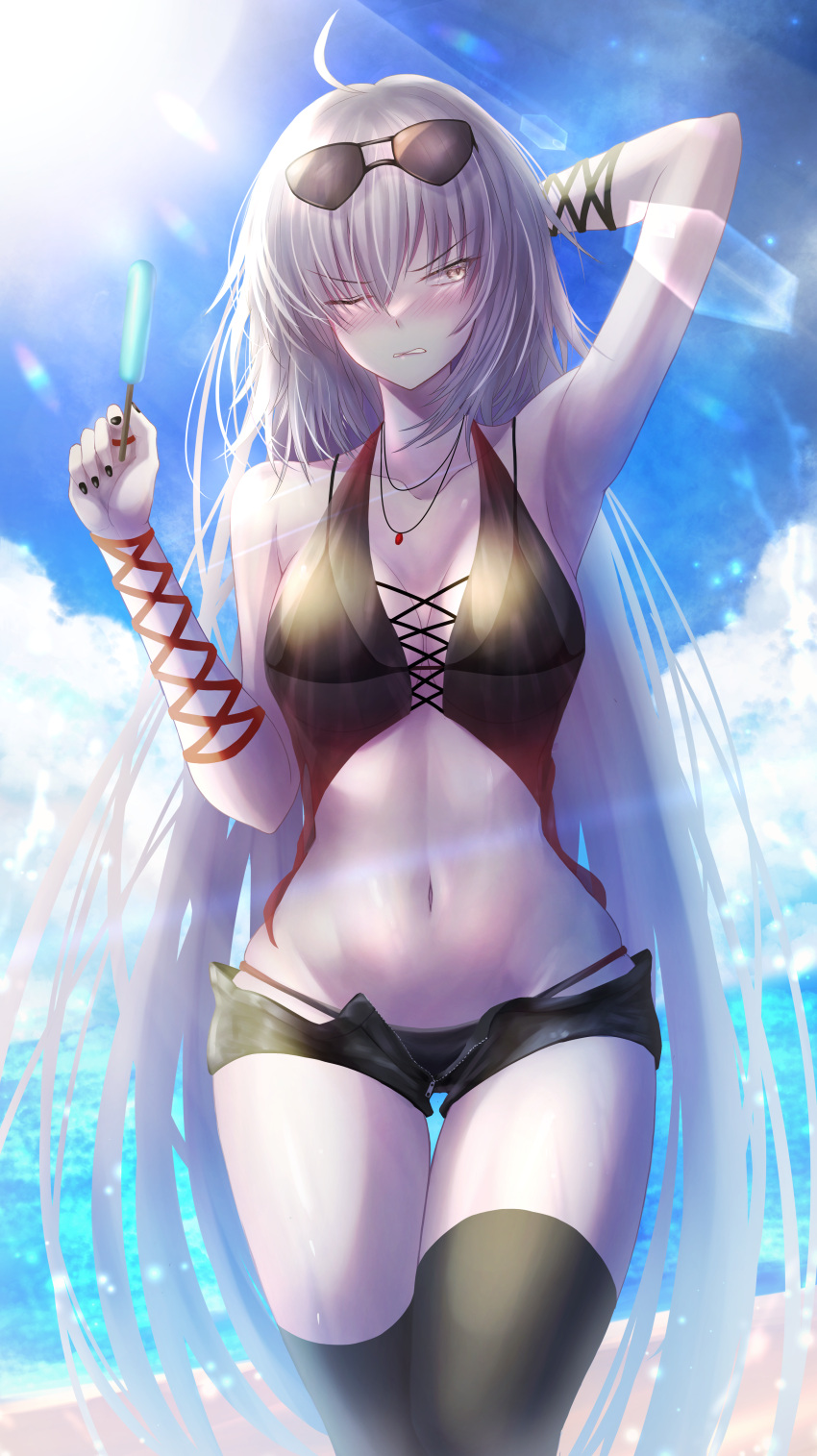 1girl absurdres bangs bare_shoulders beach bikini black_bikini black_legwear black_shorts blue_sky blush breasts cleavage collarbone eyewear_on_head fate/grand_order fate_(series) food highres huge_filesize jeanne_d'arc_(alter)_(fate) jeanne_d'arc_(fate)_(all) large_breasts long_hair looking_to_the_side navel one_eye_closed open_fly penguintake popsicle short_shorts shorts silver_hair sky sunglasses swimsuit thighhighs thighs yellow_eyes