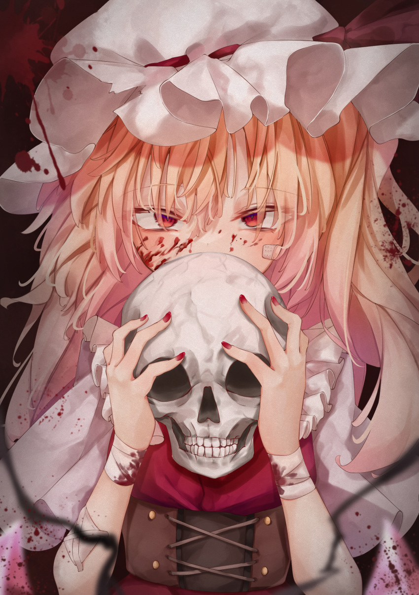 1girl absurdres bandaged_arm bandages bandaid bandaid_on_face bangs blonde_hair blood blood_on_face bloody_bandages bloody_clothes breasts calpis118 commentary_request corset covering_mouth dark_background eyebrows_visible_through_hair flandre_scarlet hair_between_eyes hands_up hat highres holding holding_skull long_hair looking_at_viewer mob_cap nail_polish one_side_up red_background red_eyes red_nails red_vest short_sleeves simple_background skull small_breasts solo touhou upper_body vest white_headwear