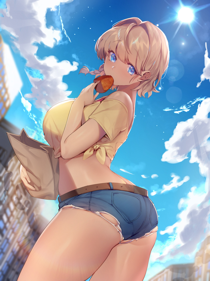 1girl bag bangs bare_shoulders belt blonde_hair blue_eyes blue_shorts blue_sky braid breasts brown_belt city cloud commentary cowboy_shot crop_top day eating eyebrows_visible_through_hair food food_in_mouth highres holding holding_bag holding_food large_breasts looking_at_viewer mendou_kusai original outdoors shirt short_hair short_shorts short_sleeves shorts side-tie_shirt sky solo standing tied_shirt yellow_shirt