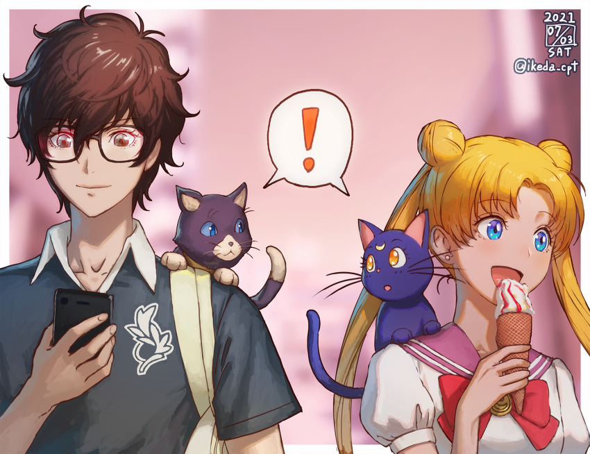 ! 1boy 1girl amamiya_ren bag bangs bishoujo_senshi_sailor_moon black_cat black_hair blonde_hair blue_eyes blurry brown_eyes casual cat cellphone collarbone commentary_request crossover depth_of_field double_bun earrings eyebrows_visible_through_hair eyes_visible_through_hair food glasses hair_between_eyes highres holding holding_food holding_phone ice_cream_cone ikeda_(cpt) jewelry long_hair looking_away looking_down luna_(sailor_moon) morgana_(persona_5) persona persona_5 phone reading school_uniform serafuku shirt shoulder_bag sidelocks smartphone spoken_exclamation_mark t-shirt trait_connection tsukino_usagi twintails