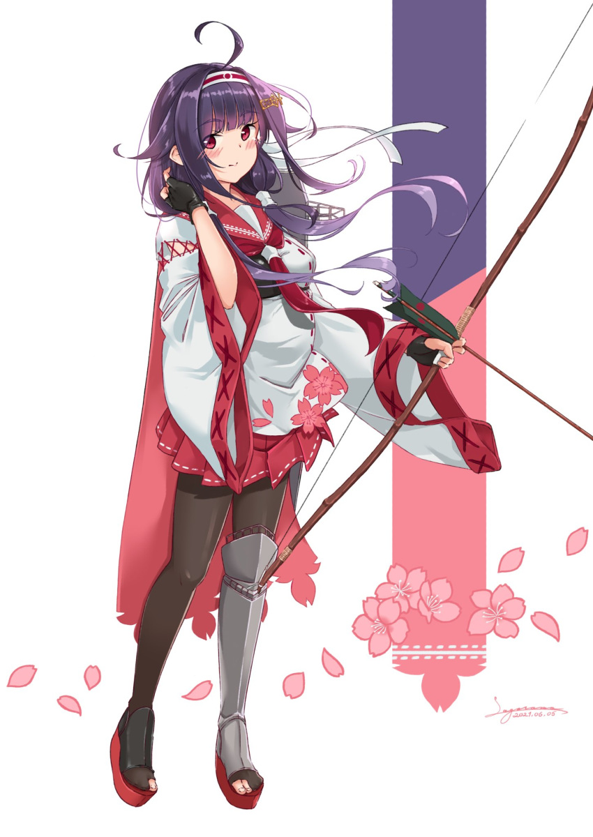 1girl arrow_(projectile) black_gloves black_legwear bow_(weapon) cherry_blossoms dress flight_deck gloves hair_flaps hair_ornament hairband hakama_skirt highres kantai_collection long_hair magatama muneate pantyhose partially_fingerless_gloves petals pleated_dress purple_hair quiver red_eyes red_skirt remodel_(kantai_collection) ryuuhou_(kancolle) sagoromo_04 school_uniform serafuku signature single_glove single_shin_guard skirt smile solo taigei_(kancolle) weapon whale_hair_ornament white_hairband yugake