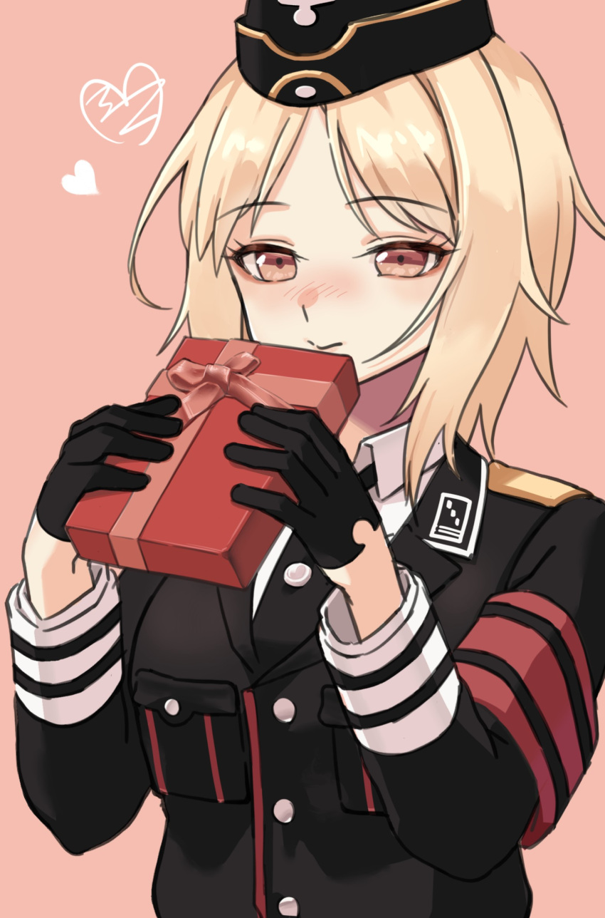 1girl armband black_gloves black_headwear blonde_hair blush box brown_eyes collared_shirt commentary_request eyebrows_visible_through_hair garrison_cap gift gift_box girls'_frontline gloves hat heart highres holding holding_gift long_sleeves looking_at_viewer military military_hat military_uniform mp40_(girls'_frontline) necktie shirt short_hair smile solo toryu_fufu uniform upper_body valentine white_shirt