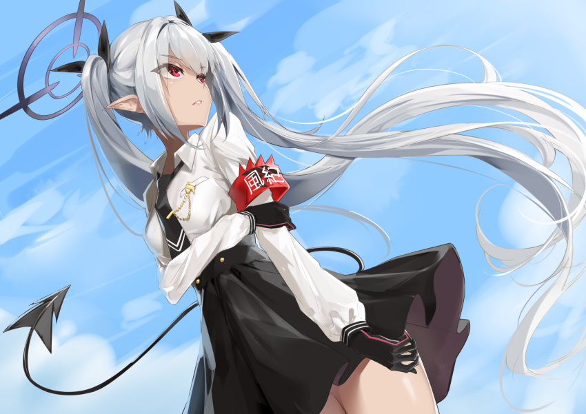1girl armband bangs bitterpain black_gloves black_neckwear black_ribbon black_skirt blue_archive blue_sky breasts cloud collared_shirt commentary_request day demon_tail eyebrows_visible_through_hair gloves grey_hair hair_ribbon halo highres iori_(blue_archive) long_hair long_sleeves looking_away looking_to_the_side necktie outdoors parted_lips pleated_skirt puffy_long_sleeves puffy_sleeves red_eyes ribbon shirt skirt sky small_breasts solo tail twintails very_long_hair white_shirt