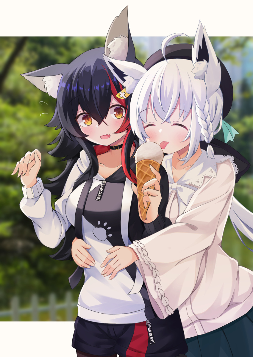 2girls ahoge animal_ear_fluff animal_ears bangs black_choker black_hair black_shorts casual choker closed_eyes collarbone commentary_request eating fang food fox_ears fox_girl hair_between_eyes highres holding holding_food hololive hood hood_down hug hug_from_behind ice_cream ice_cream_cone kurashina_yuzuki licking long_hair long_sleeves multicolored_hair multiple_girls ookami_mio open_mouth outdoors red_hair shirakami_fubuki shirt short_shorts shorts silver_hair skin_fang streaked_hair tongue tongue_out two-tone_hoodie very_long_hair virtual_youtuber white_shirt wolf_ears wolf_girl yellow_eyes