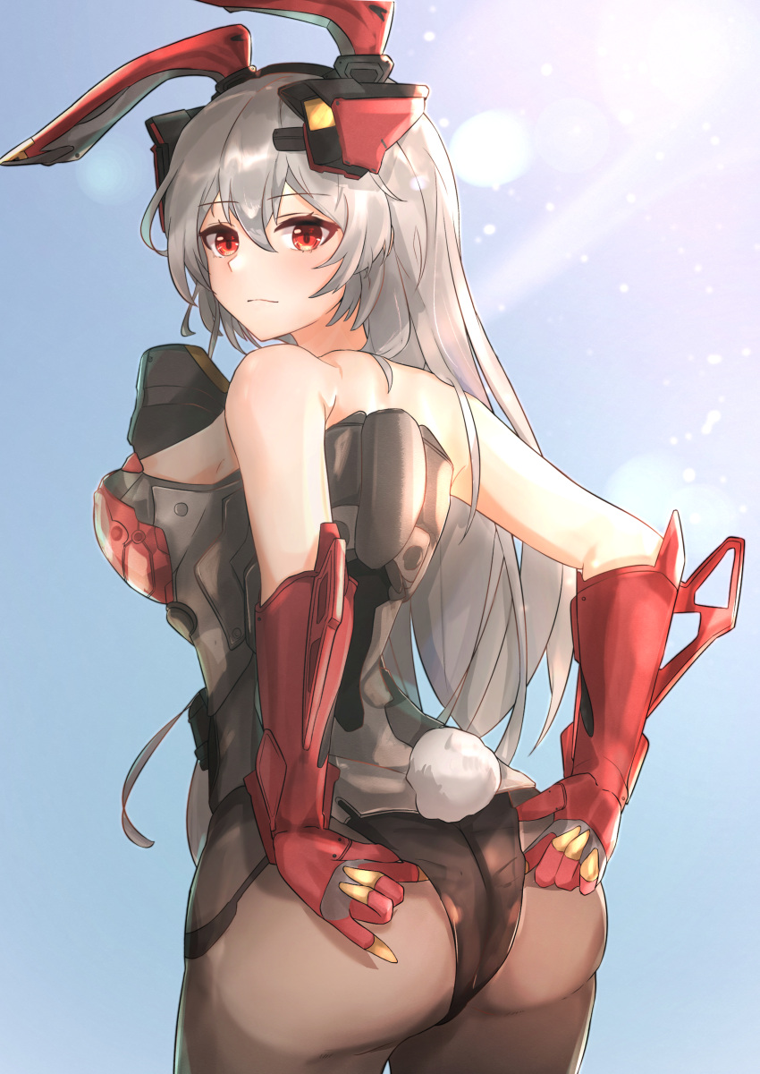 1girl absurdres animal_ears armor ass back bare_shoulders breasts bunny_ears bunny_tail charolic_(girls'_frontline_2) closed_mouth eyebrows_visible_through_hair feet_out_of_frame from_behind full_body gauntlets girls'_frontline girls'_frontline_2:_exilium grey_hair hands_on_ass highres leotard long_hair looking_at_viewer looking_back medium_breasts muteppona_hito red_eyes solo standing tail thighs