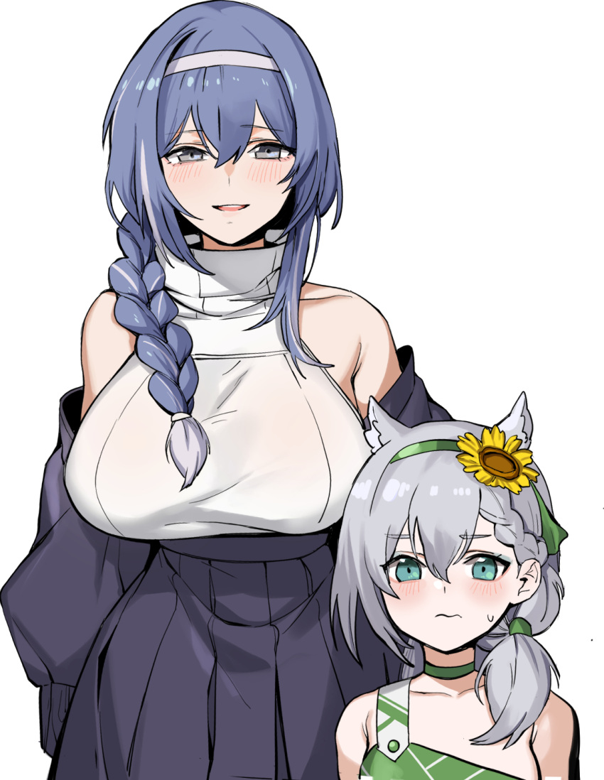 2girls animal_ears aqua_eyes bangs banssee bare_shoulders blue_hair blush braid braided_ponytail breasts choker dp-12_(girls'_frontline) eyebrows_visible_through_hair flower french_braid girls'_frontline grey_eyes grey_hair hair_between_eyes hair_flower hair_ornament hair_over_shoulder hairband height_difference highres huge_breasts ksvk_(girls'_frontline) looking_at_viewer mother_and_daughter multiple_girls off_shoulder official_alternate_costume smile sunflower sweat upper_body wavy_mouth white_background younger