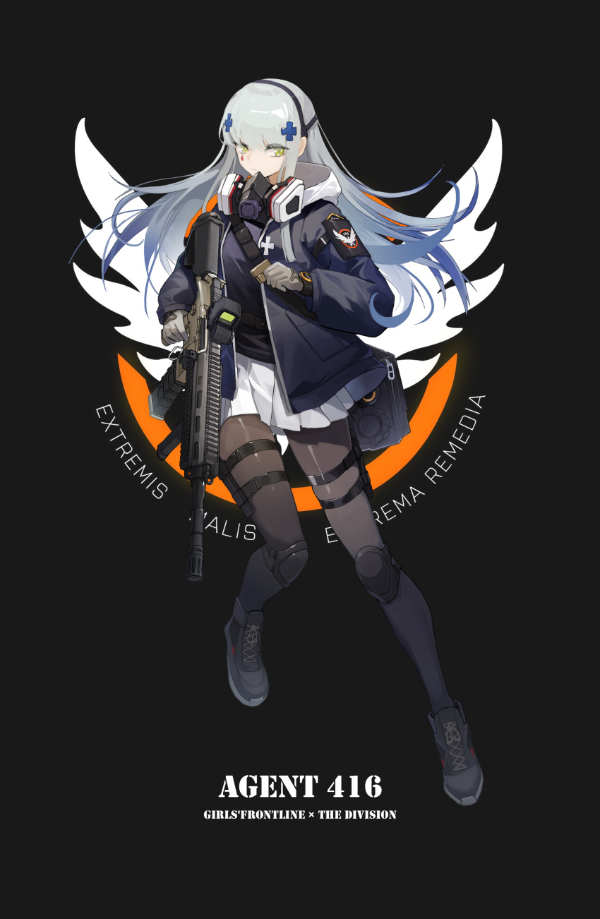 1girl absurdres agent_416_(girls'_frontline) assault_rifle bangs commentary_request facial_mark full_body girls'_frontline gloves green_eyes gun h&amp;k_hk416 hair_ornament highres hk416_(girls'_frontline) holding holding_gun holding_weapon jacket knee_pads latin_text long_hair long_sleeves mask mask_around_neck official_alternate_costume open_clothes open_jacket optical_sight p416 pantyhose pleated_skirt respirator rifle shoes silver_hair skirt solo tom_clancy's_the_division umi_okami_kun vertical_foregrip weapon white_skirt