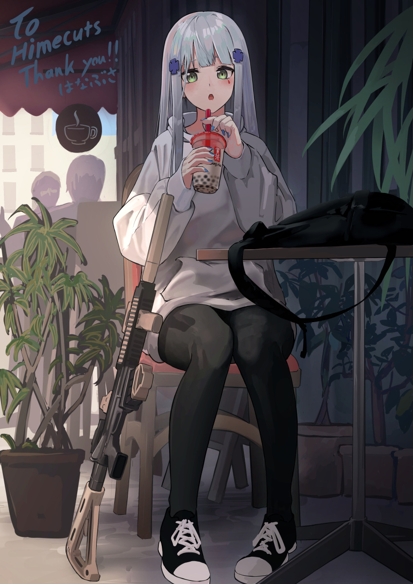 1girl absurdres alternate_costume assault_rifle backpack backpack_removed bag bangs black_legwear blue_nails bubble_tea cafe casual commentary_request commission facial_hair full_body girls'_frontline green_eyes gun h&amp;k_hk416 hair_ornament hanabusaraleigh highres hk416_(girls'_frontline) hood hood_down hoodie long_hair long_sleeves looking_at_viewer nail_polish on_chair open_mouth outdoors plant potted_plant rifle shoes sitting skeb_commission sneakers straight_hair suppressor table thank_you vertical_foregrip weapon white_hoodie