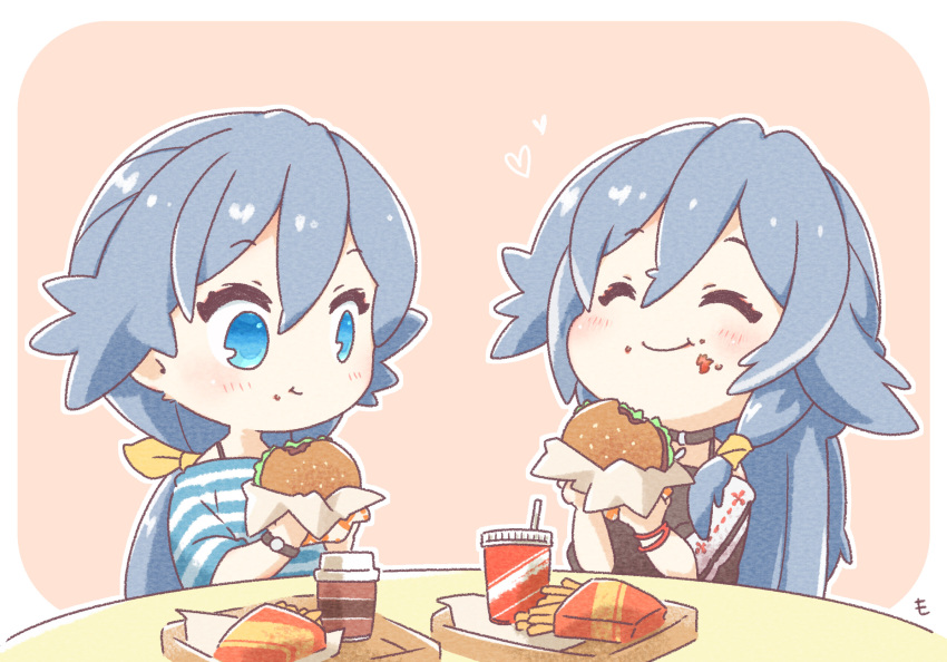 2girls bangs black_hair blue_eyes burger closed_eyes closed_mouth drinking_straw eating food food_in_mouth food_on_face french_fries fu_hua fu_hua_(herrscher_of_sentience) hair_between_eyes heart highres holding holding_food honkai_(series) honkai_impact_3rd long_hair mon_momu multiple_girls pink_background ponytail soda table tray
