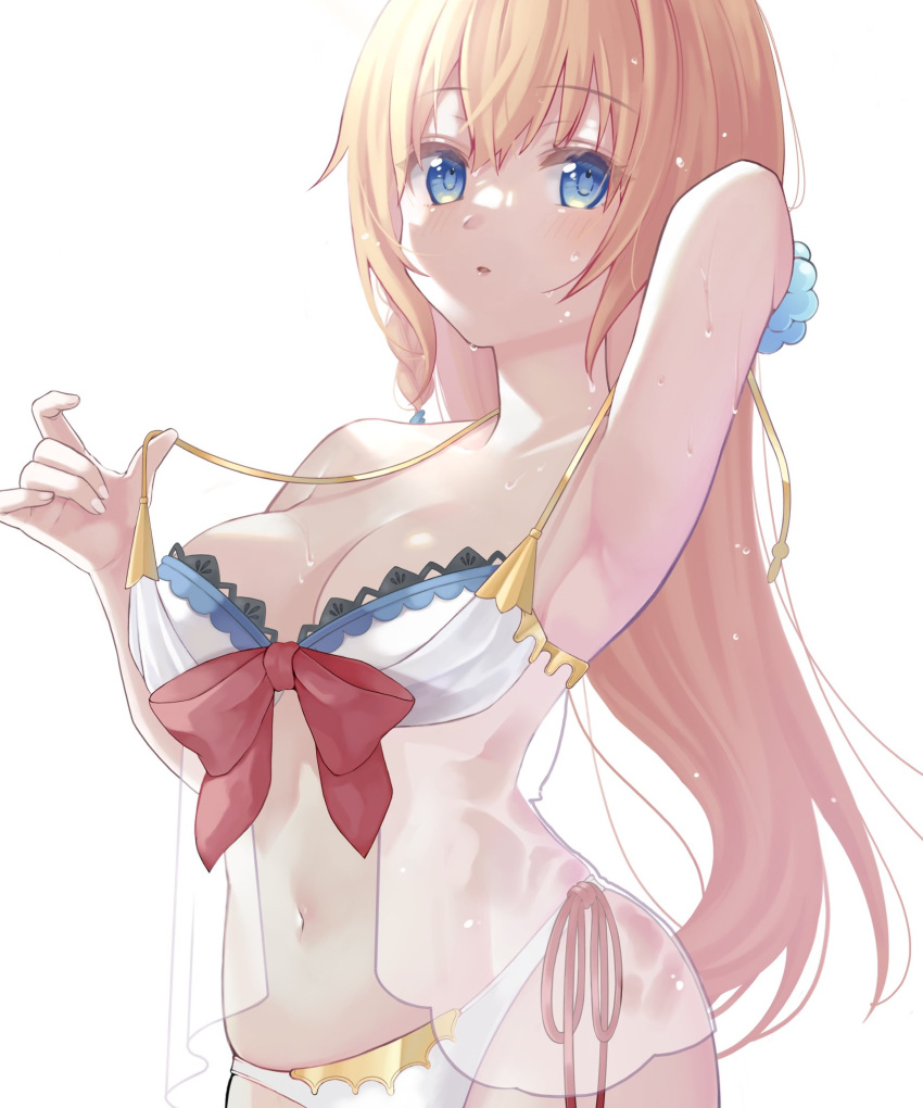 1girl arm_up armpits asymmetrical_hair bikini blonde_hair blue_eyes blush bow bracelet braid breasts cleavage commentary eyebrows_visible_through_hair hair_between_eyes highres jewelry long_hair looking_at_viewer medium_breasts navel parted_lips pecorine_(princess_connect!) princess_connect! red_bow see-through side-tie_bikini side_braid simple_background single_braid solo stomach straight_hair strap_pull swimsuit toramaru_(toramal9831) upper_body wet wet_hair white_background white_bikini