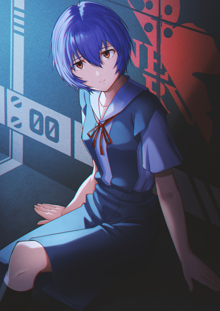 1girl ayanami_rei bangs black_legwear blue_hair closed_mouth collarbone grey_skirt hair_between_eyes highres kneehighs looking_at_viewer medium_skirt neck_ribbon neon_genesis_evangelion orange_eyes red_ribbon ribbon shirt short_hair short_sleeves sitting skirt smile solo suspender_skirt suspenders toketa_(toketa15) white_shirt