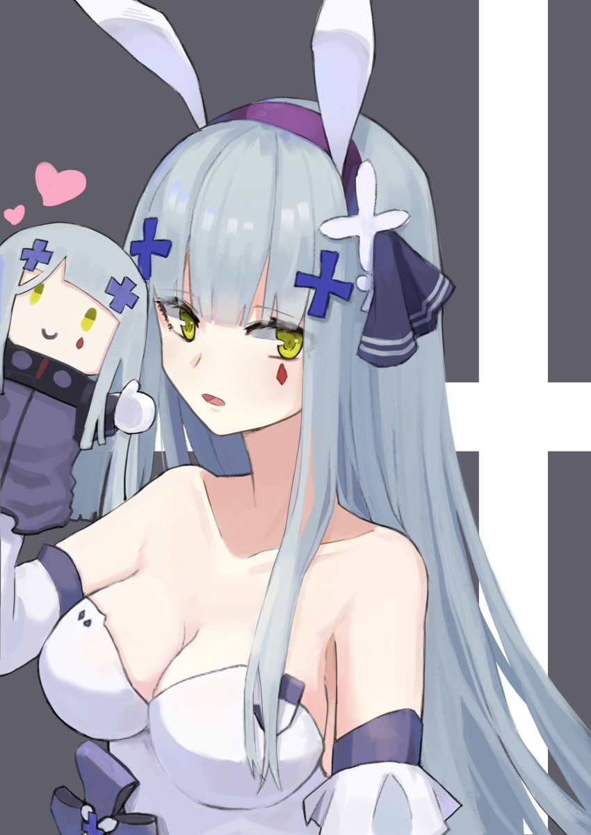 1girl absurdres animal_ears bangs bare_shoulders breasts bunny_ears character_doll cleavage commentary_request detached_sleeves dress eyebrows_visible_through_hair facial_hair fake_animal_ears girls'_frontline green_eyes hair_ornament hairband hand_puppet heart highres hk416_(girls'_frontline) large_breasts long_hair official_alternate_costume open_mouth puppet silver_hair solo strapless strapless_dress umi_okami_kun upper_body white_dress