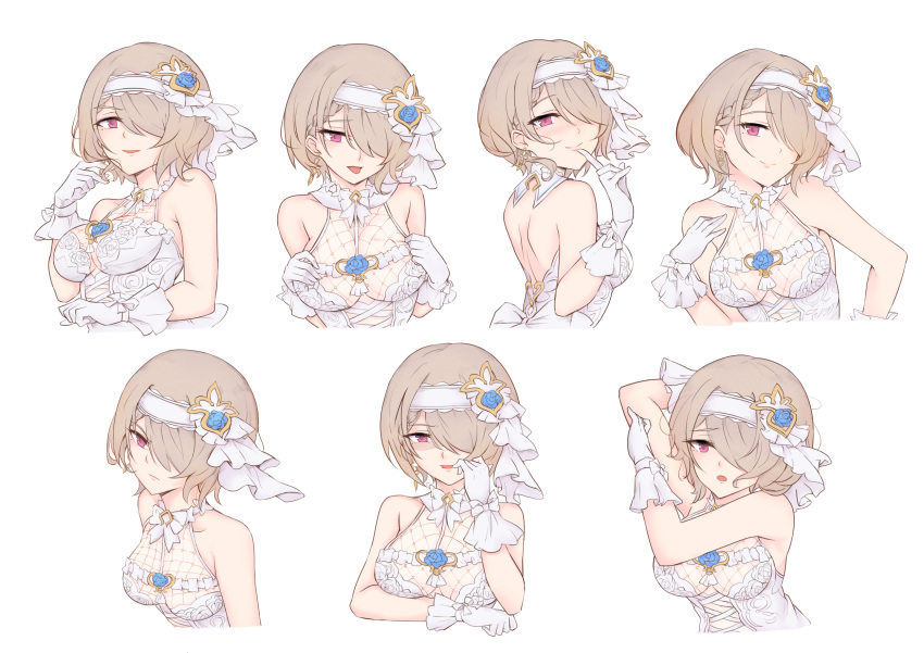 angry bangs bare_shoulders blush breasts bridal_veil brown_hair character_sheet cleavage dress expressions gloves hair_over_one_eye happy highres honkai_(series) honkai_impact_3rd purple_eyes rita_rossweisse rita_rossweisse_(artemis) shaded_face short_hair simple_background veil wedding wedding_dress white_background white_dress white_gloves yougen_kitsune