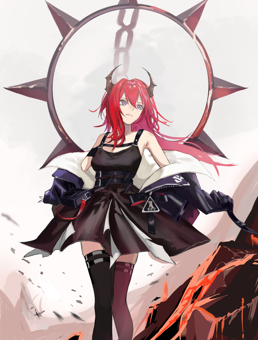 1girl absurdres arknights black_dress black_legwear chain collar demon_girl demon_horns dress feet_out_of_frame floating_hair highres horns jacket long_hair looking_to_the_side off_shoulder open_clothes open_jacket purple_eyes red_hair rhodes_island_logo solo spiked_collar spikes surtr_(arknights) thighhighs yaruyan