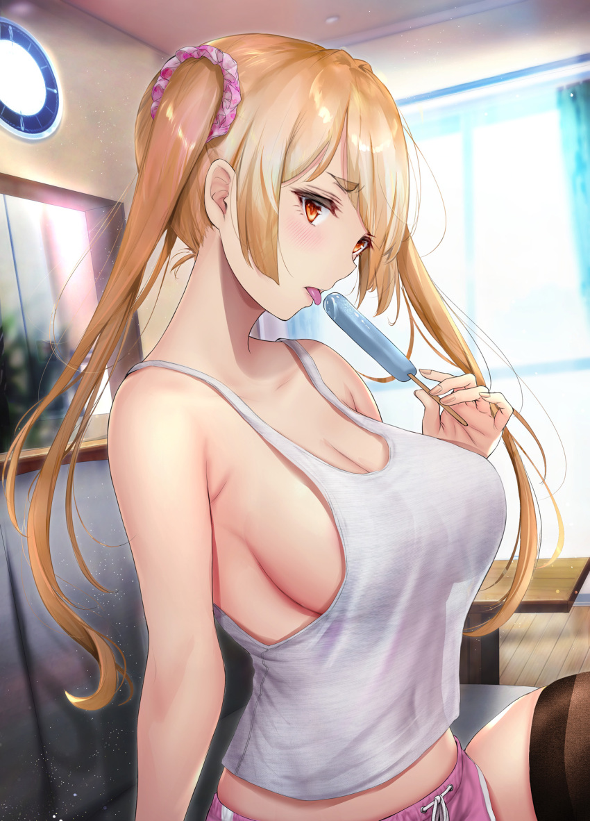 1girl arm_up bare_shoulders black_legwear blonde_hair booth breasts cleavage facing_to_the_side food from_side gentsuki grey_tank_top highres indoors large_breasts long_hair midriff no_bra on original pink_shorts popsicle red_eyes short_shorts shorts sidelocks sleeveless solo table tank_top thighhighs twintails