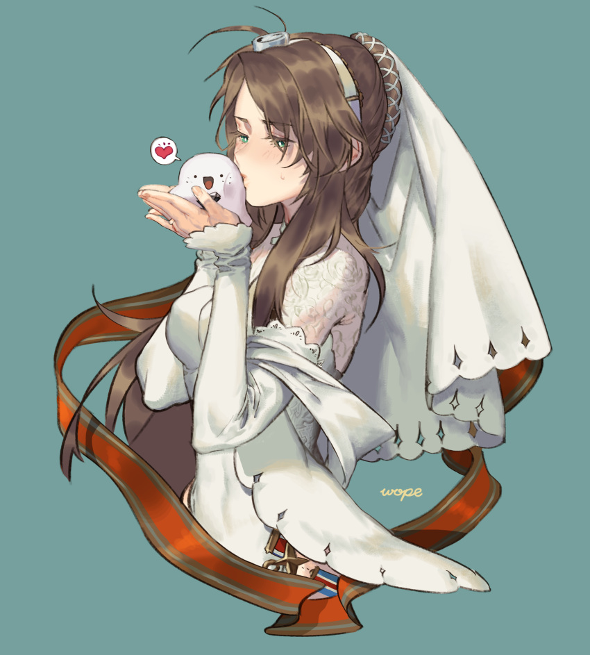 1girl absurdres artist_name blush breasts bridal_veil brown_hair commentary dress english_commentary eyebrows_visible_through_hair girls'_frontline green_eyes hairband heart highres jewelry kiss lee-enfield_(girls'_frontline) long_hair long_sleeves medium_breasts mixed-language_commentary official_alternate_costume ring sidelocks simple_background spoken_heart upper_body veil wedding_band wedding_dress white_dress wope