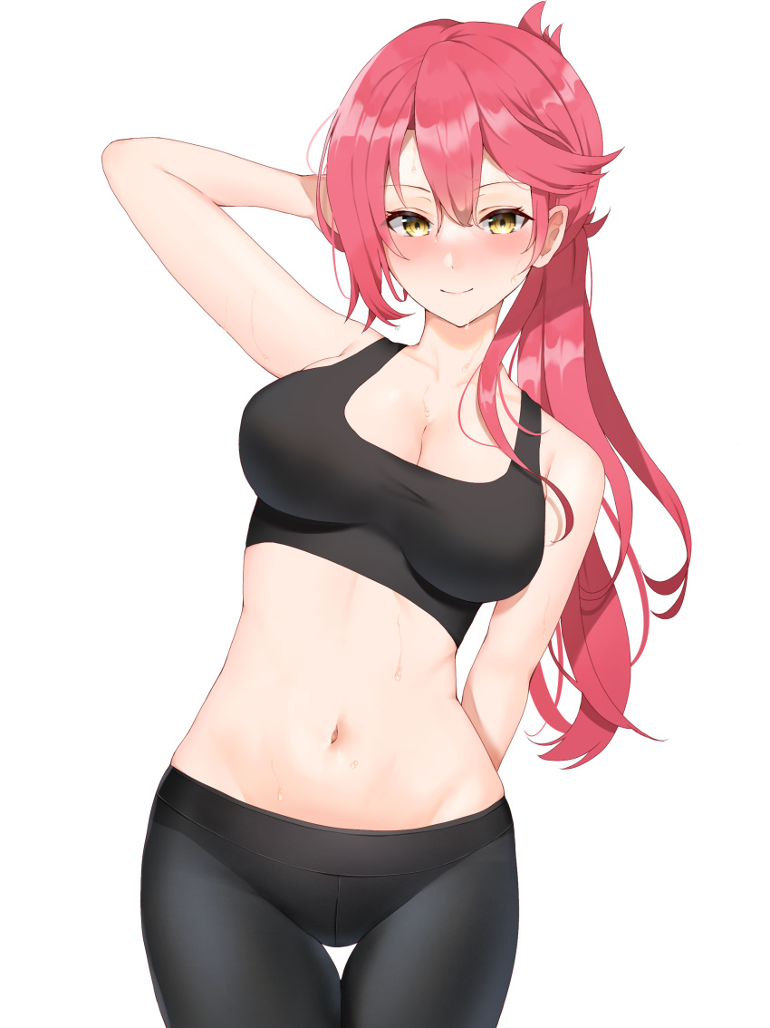 1girl absurdres arm_behind_back arm_up bangs bare_arms bare_shoulders black_pants blush breasts cleavage closed_mouth cowboy_shot eiyuu_densetsu futon_fly_away highres large_breasts long_hair midriff navel pants pink_hair sara_valestein sen_no_kiseki simple_background smole solo sports_bra standing sweat thigh_gap white_background yellow_eyes