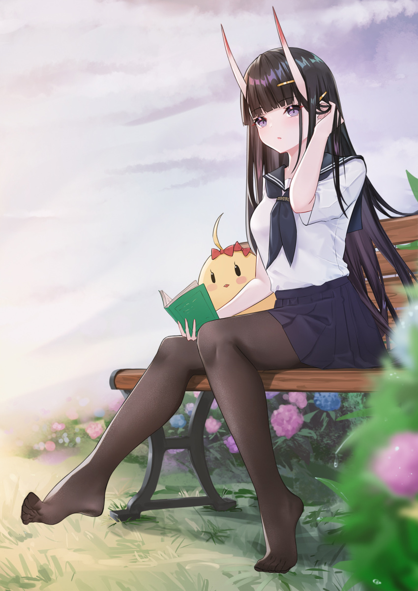 1girl azur_lane bangs black_hair black_legwear blue_flower blue_neckwear blue_sailor_collar blue_skirt blunt_bangs blurry blurry_foreground book bow breasts commentary_request depth_of_field eyebrows_visible_through_hair feet flower full_body grass hair_ornament hand_in_hair hand_up highres holding holding_book horns hydrangea lim_(ramu) long_hair looking_at_viewer manjuu_(azur_lane) medium_breasts miniskirt neckerchief no_shoes noshiro_(azur_lane) on_bench oni oni_horns open_book outdoors pantyhose parted_lips pleated_skirt purple_eyes purple_flower red_bow sailor_collar shirt short_sleeves sitting skirt solo very_long_hair white_shirt