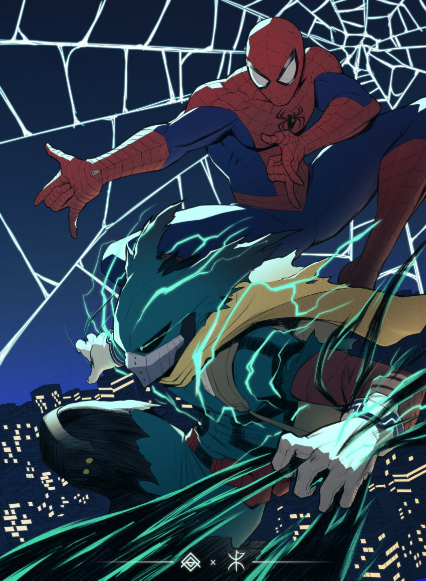 1boy action apoloniodraws boku_no_hero_academia highres male_focus marvel shounen_jump silk spider-man spider_web superhero swinging