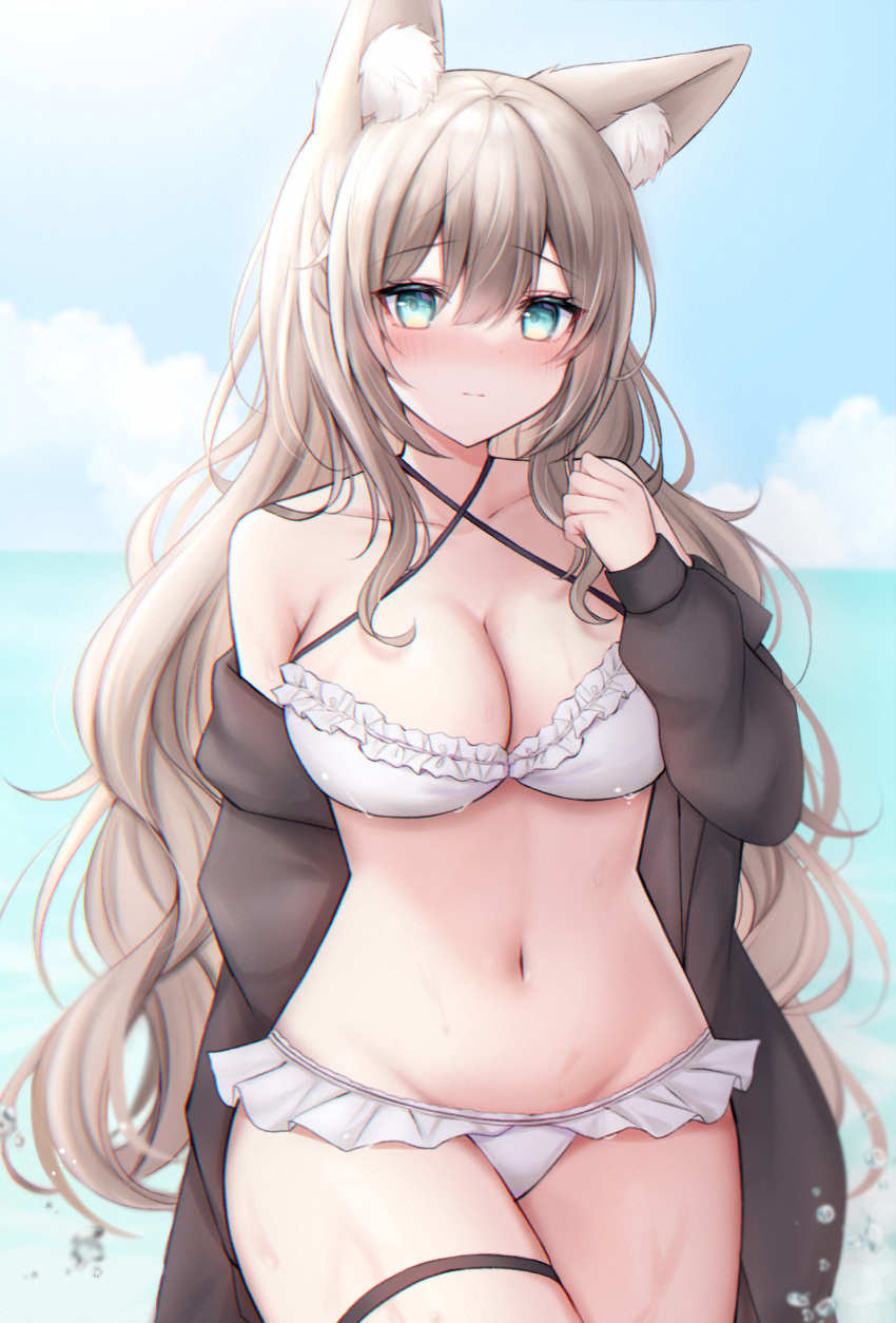 1girl animal_ear_fluff animal_ears aqua_eyes bangs bare_shoulders bikini blush breasts cleavage closed_mouth collarbone cowboy_shot eyebrows_visible_through_hair fox_ears frilled_bikini frills grey_hair highres komari_mhy large_breasts long_hair long_sleeves looking_at_viewer navel off_shoulder original outdoors solo standing swimsuit thigh_strap white_bikini