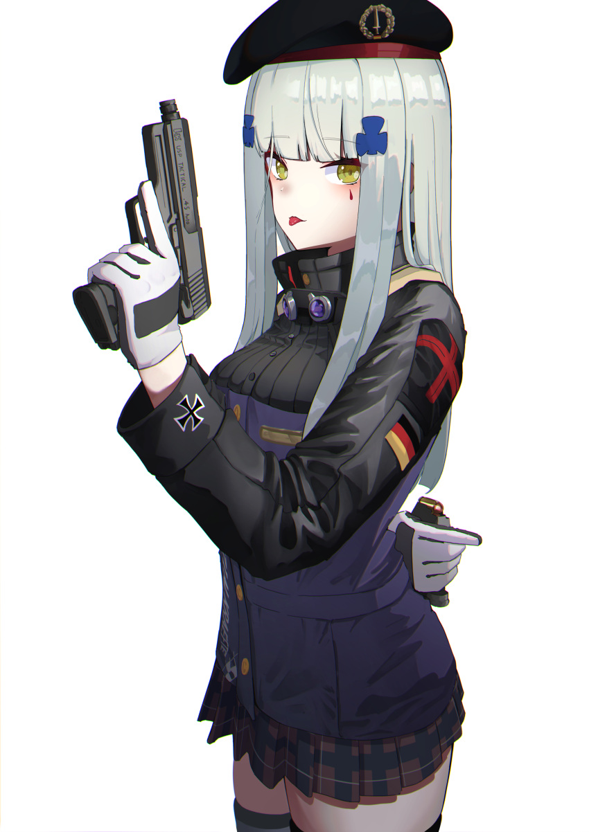 1girl absurdres bangs beret blue_hair blush checkered checkered_skirt eyebrows_visible_through_hair feet_out_of_frame girls'_frontline gloves green_eyes gun hanabusaraleigh hand_on_back hat highres hk416_(girls'_frontline) holding holding_gun holding_weapon long_hair looking_at_viewer skirt solo standing thighhighs tongue tongue_out uniform weapon white_background white_gloves