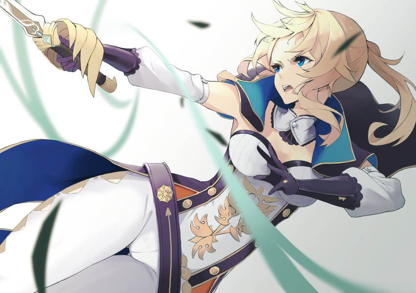 1girl absurdres blonde_hair blue_eyes breasts detached_sleeves fighting_stance genshin_impact highres holding holding_weapon jean_(genshin_impact) leaf long_hair medium_breasts open_mouth ponytail rapier sidelocks simple_background sleeveless solo strapless sword tubetop weapon white_background wind