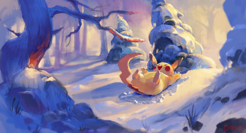 bare_tree commentary_request creature day frogjem gen_1_pokemon happy highres lying no_humans on_back open_mouth outdoors pikachu pokemon pokemon_(creature) signature smile snow snow_angel solo tree upper_teeth |d