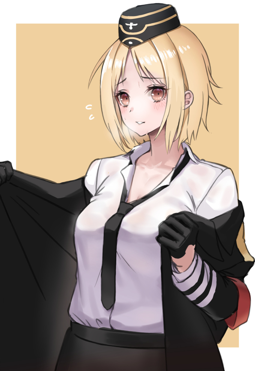 1girl black_gloves black_neckwear black_skirt blonde_hair blush border breasts brown_eyes collared_shirt commentary_request eyebrows_visible_through_hair garrison_cap girls'_frontline gloves hat highres hot long_sleeves medium_breasts military military_uniform mp40_(girls'_frontline) necktie parted_lips see-through_shirt shirt short_hair simple_background skirt solo sweat toryu_fufu unbuttoned unbuttoned_shirt undressing uniform upper_body white_border white_shirt yellow_background