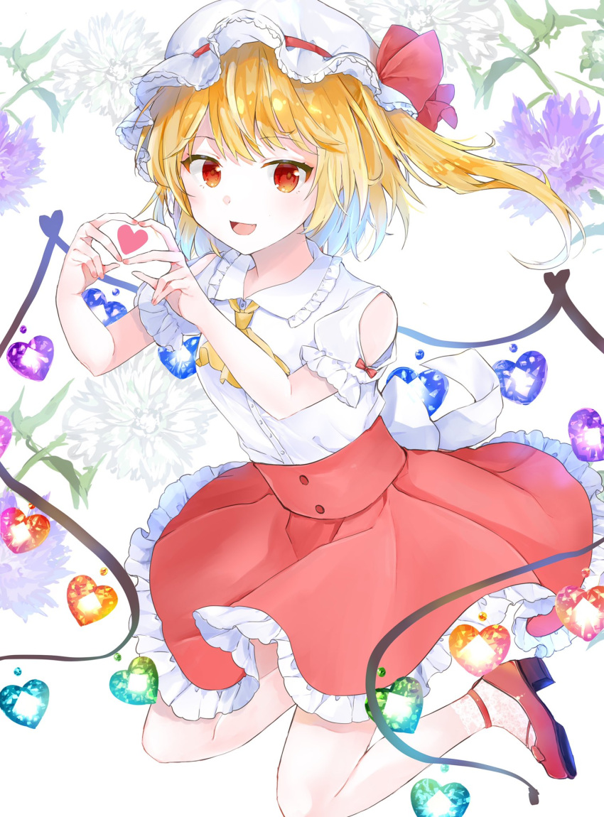 1girl :d adapted_costume ascot bangs bare_shoulders blonde_hair blush bow breasts clothing_cutout crystal eyebrows_visible_through_hair fang finger_heart flandre_scarlet floral_background flower flower_request frilled_shirt_collar frills full_body hat hat_bow heart highres looking_at_viewer mob_cap one_side_up open_mouth petticoat puffy_short_sleeves puffy_sleeves purple_flower red_bow red_eyes red_footwear red_skirt shirt short_hair short_sleeves shoulder_cutout simple_background skirt small_breasts smile solo touhou white_background white_flower white_headwear white_shirt wings yellow_neckwear yurara_(aroma42enola)