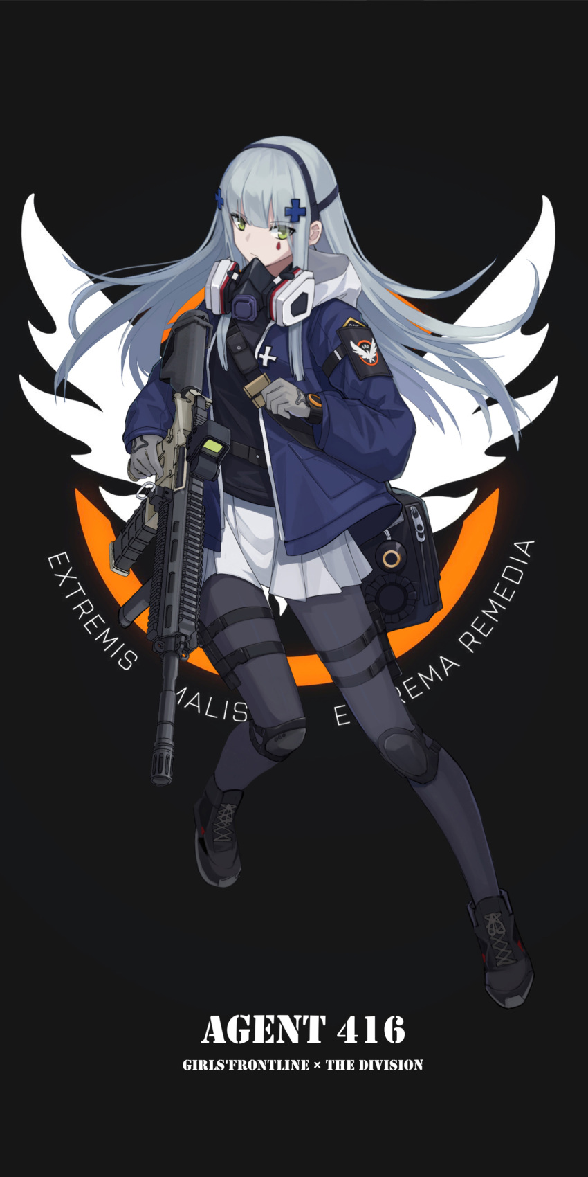 1girl absurdres agent_416_(girls'_frontline) assault_rifle bangs commentary_request eyebrows_visible_through_hair facial_mark full_body gas_mask girls'_frontline gloves green_eyes gun h&amp;k_hk416 hair_ornament highres hk416_(girls'_frontline) holding holding_gun holding_weapon jacket knee_pads latin_text long_hair long_sleeves mask mask_around_neck official_alternate_costume open_clothes open_jacket optical_sight p416 pantyhose pleated_skirt respirator revision rifle shoes silver_hair skirt solo tom_clancy's_the_division umi_okami_kun uniform vertical_foregrip weapon white_skirt