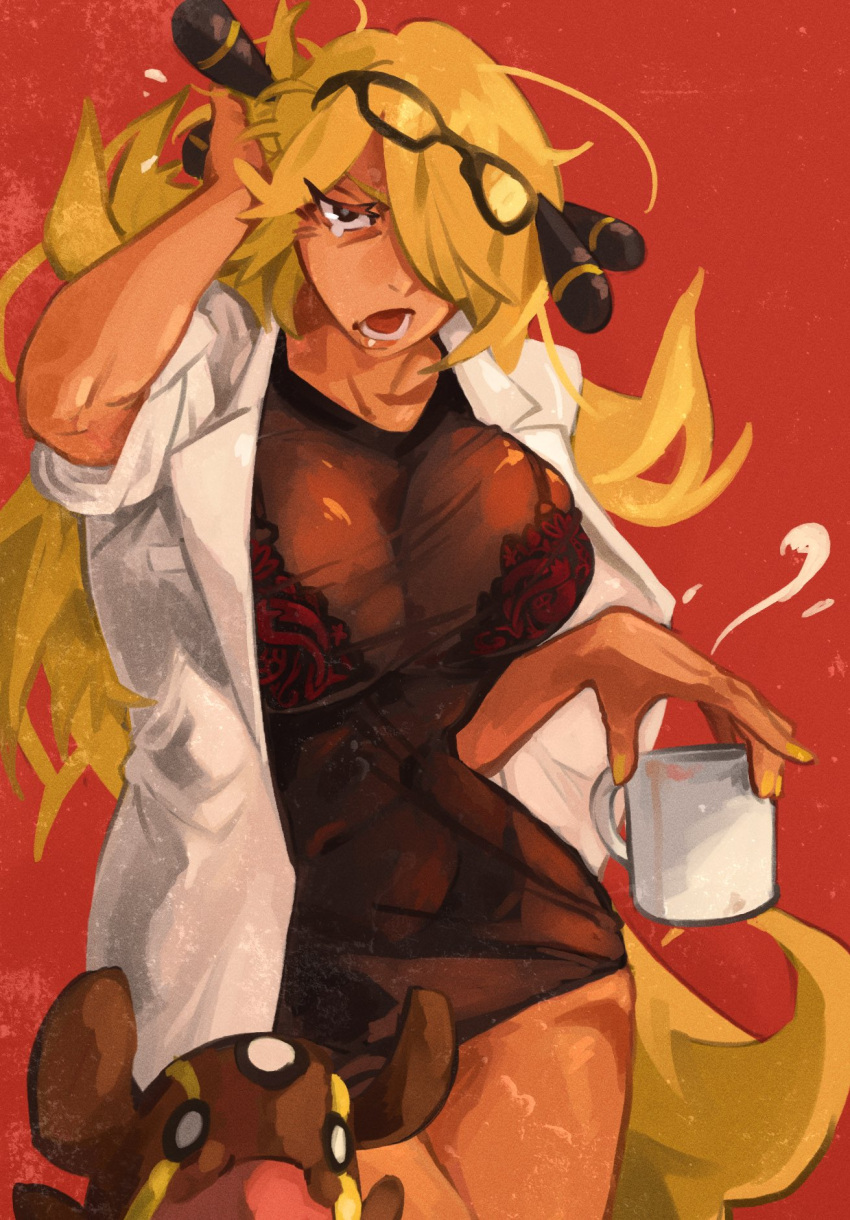 1girl adjusting_hair angry blonde_hair bra bra_through_clothes breasts coat coffee_mug cup cynthia_(pokemon) eyewear_on_head gastrodon gastrodon_(west) gen_4_pokemon glasses highres labcoat large_breasts messy_hair mug navel obi pokemon pokemon_(creature) pokemon_(game) pokemon_dppt red_background red_bra sash scrooge_mckhyle see-through see-through_dress thighs underwear white_coat yellow_nails