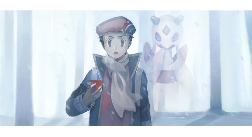 1boy black_hair day froslass gen_4_pokemon ghost gigigimimi grey_eyes hand_up hat highres holding_pokedex jacket letterboxed long_sleeves lucas_(pokemon) male_focus open_mouth outdoors pokemon pokemon_(creature) pokemon_(game) pokemon_dppt pokemon_platinum red_headwear scarf short_hair snowing tree white_scarf