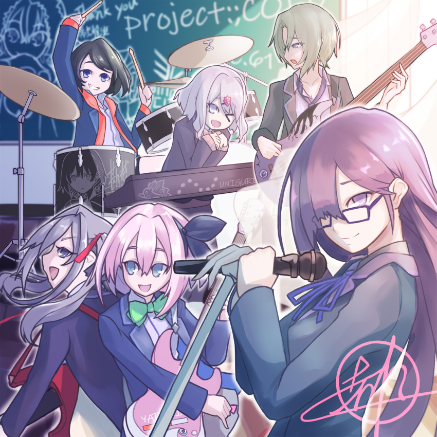 aoshima_reiko ayashiro_nanano black_hair blonde_hair blue_eyes brown_hair drum electric_guitar food-themed_hair_ornament guitar hair_ornament harnetyss highres hoshino_riya instrument iwanaga_shizu long_hair mori_ichigo multiple_girls open_mouth pink_hair project_cold ribbon sakuma_hikari school_uniform shirt short_hair smile strawberry_hair_ornament