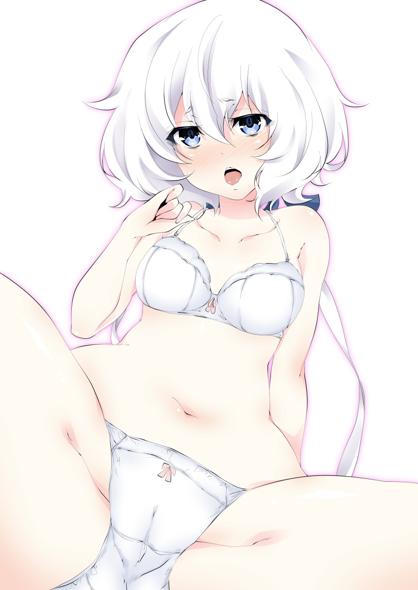 1girl absurdres bare_shoulders blue_eyes blush bra breasts collarbone commentary_request crotch highres konno_junko long_hair looking_at_viewer low_twintails ma-yu medium_breasts navel open_mouth panties solo spread_legs twintails underwear underwear_only white_background white_bra white_hair white_panties zombie_land_saga