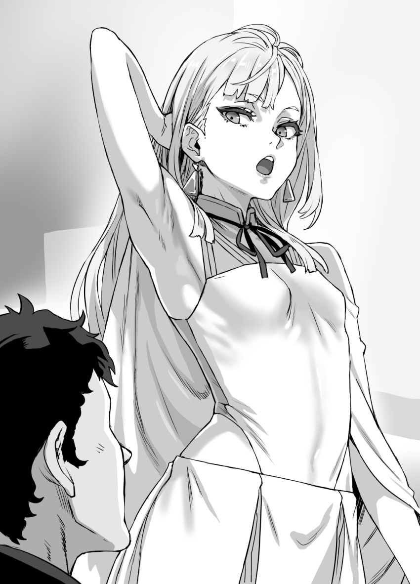 1boy 1girl arm_behind_head armpits asanagi bangs bare_shoulders breasts earrings gigi_andalusia greyscale gundam gundam_hathaway's_flash hathaway_noa highleg highres jewelry long_hair monochrome open_mouth skirt small_breasts teeth