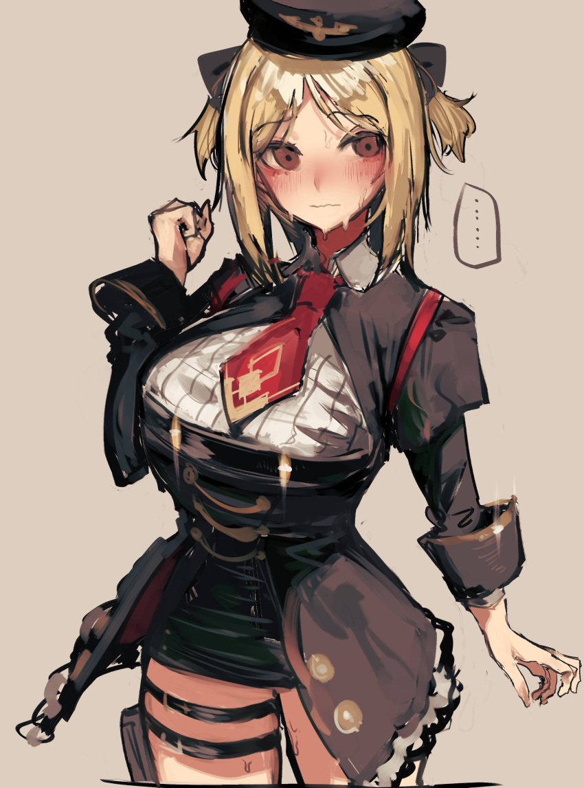 1girl absurdres akitaka_takaaki blonde_hair blush breasts brown_eyes girls'_frontline highres large_breasts mp40_(girls'_frontline) official_alternate_costume solo sweat sweating_profusely thigh_strap undersized_clothes